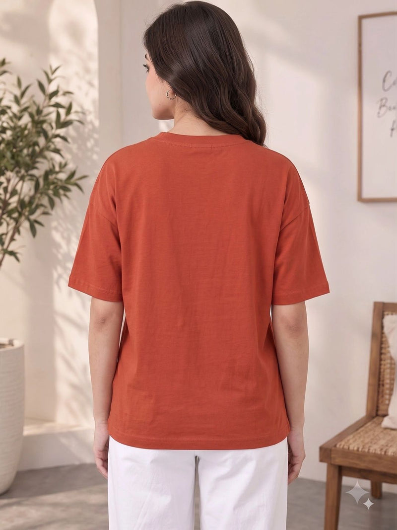 Women's Printed Drop-Shoulder Sleeves T-Shirt — Rust — Quality Craftsmanship Anatomy