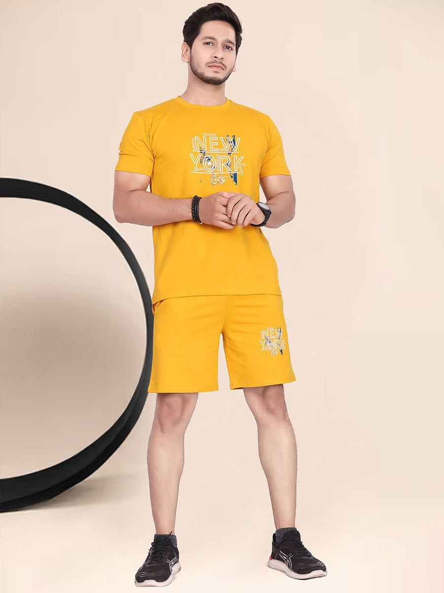 Men's Printed Pure Cotton T-Shirt With Shorts — Mustard — Tshirt Factory India Direct Manufacturer Surat