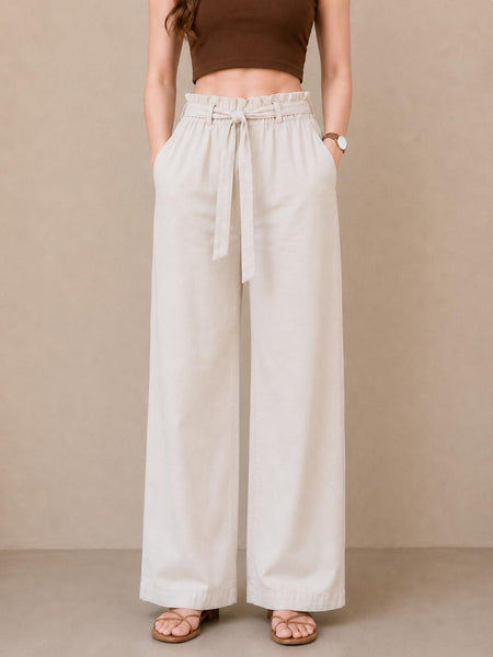 Women's High-Waist Wide-Leg Track Pants with Drawstring Waist — Off White Angle View — Custom Printing Surat