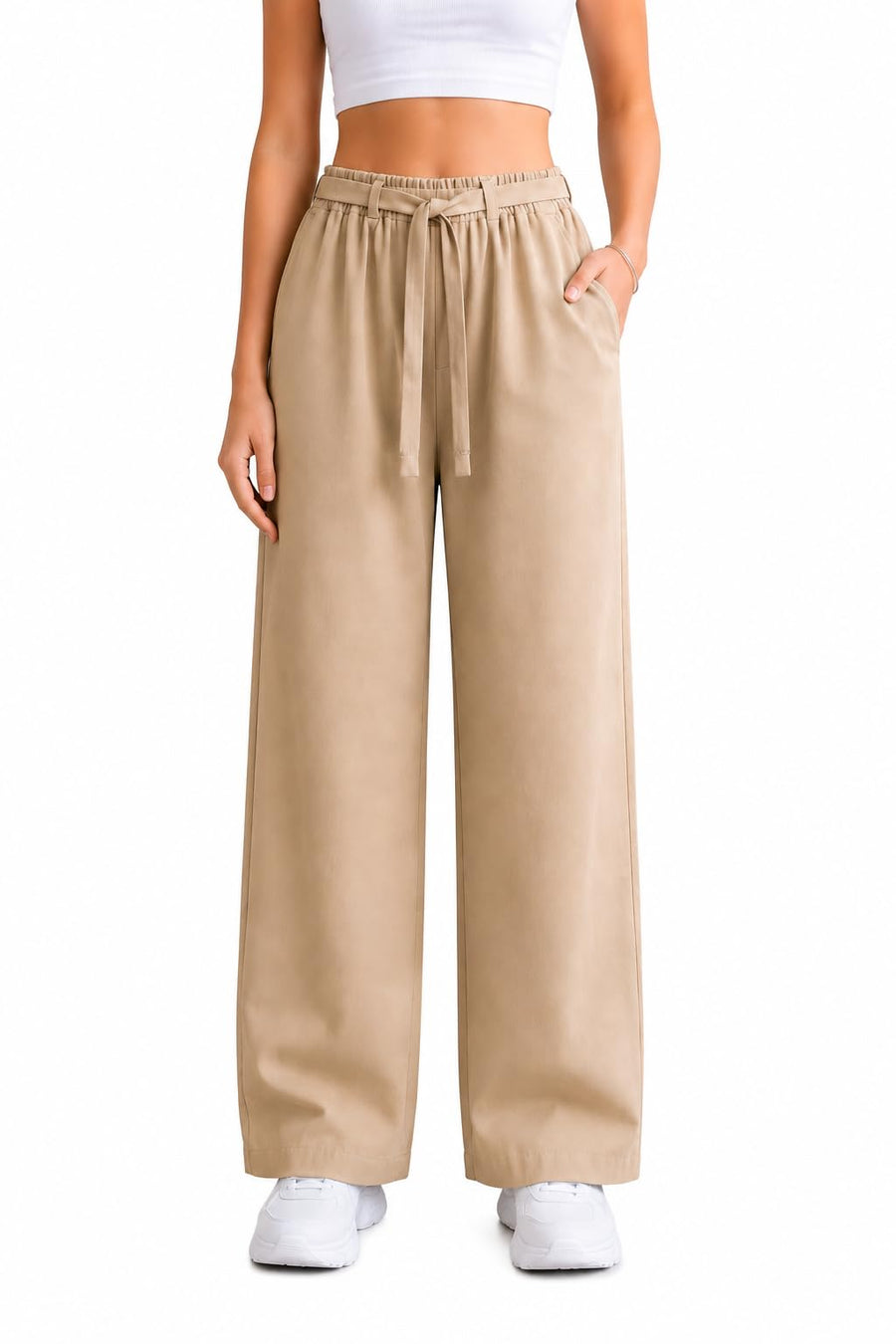 Women's High-Waist Wide-Leg Track Pants with Drawstring Waist — Chiku — Tshirt Factory India Direct Manufacturer Surat