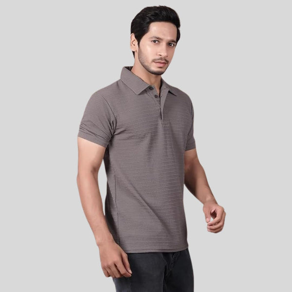 Men's Regular Fit Polo T-Shirt Half Sleeve Lightweight Polyester Grey Angle View — Custom Printing Surat