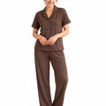 Women's Ribbed Knit Notch Collar Button-Down Lounge Set — Coffee