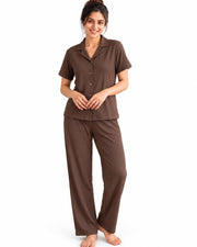 Women's Ribbed Knit Notch Collar Button-Down Lounge Set — Coffee — Thumbnail 1