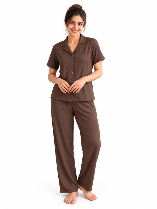Women's Ribbed Knit Notch Collar Button-Down Lounge Set — Coffee — Tshirt Factory India Direct Wholesale Manufacturer