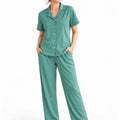 Women's Ribbed Knit Notch Collar Button-Down Lounge Set — Sea Green