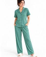 Women's Ribbed Knit Notch Collar Button-Down Lounge Set — Sea Green — Thumbnail 1