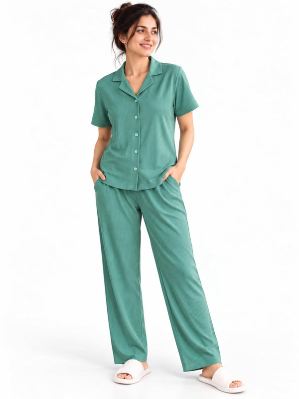 Women's Ribbed Knit Notch Collar Button-Down Lounge Set — Sea Green — Tshirt Factory India Direct Wholesale Manufacturer
