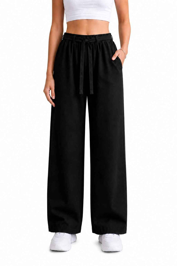 Women's High-Waist Wide-Leg Track Pants with Drawstring Waist — Black — Tshirt Factory India Direct Wholesale Manufacturer