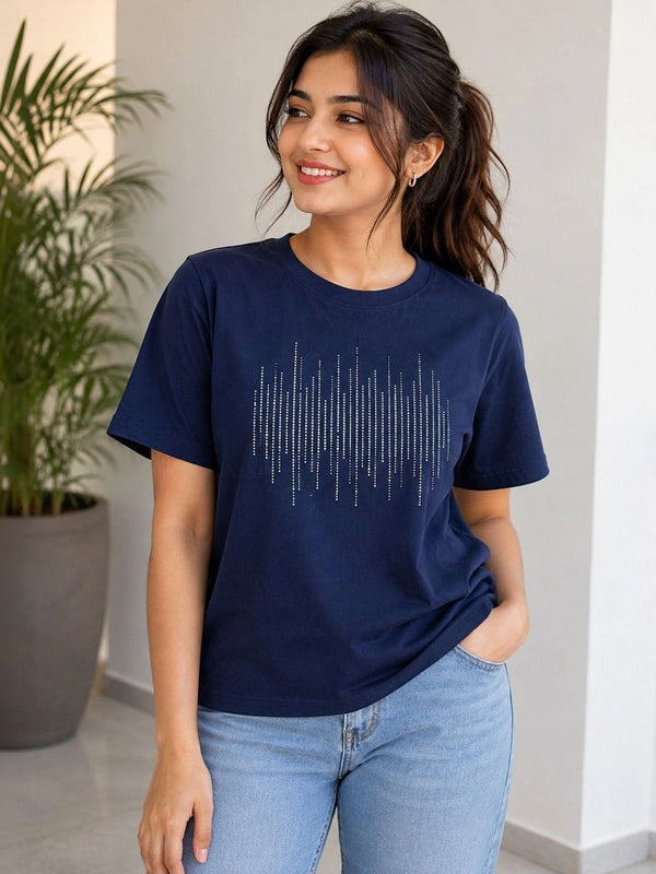 Women's Printed Pure Cotton T-Shirt — Navy Blue — Tshirt Factory India Direct Wholesale Manufacturer
