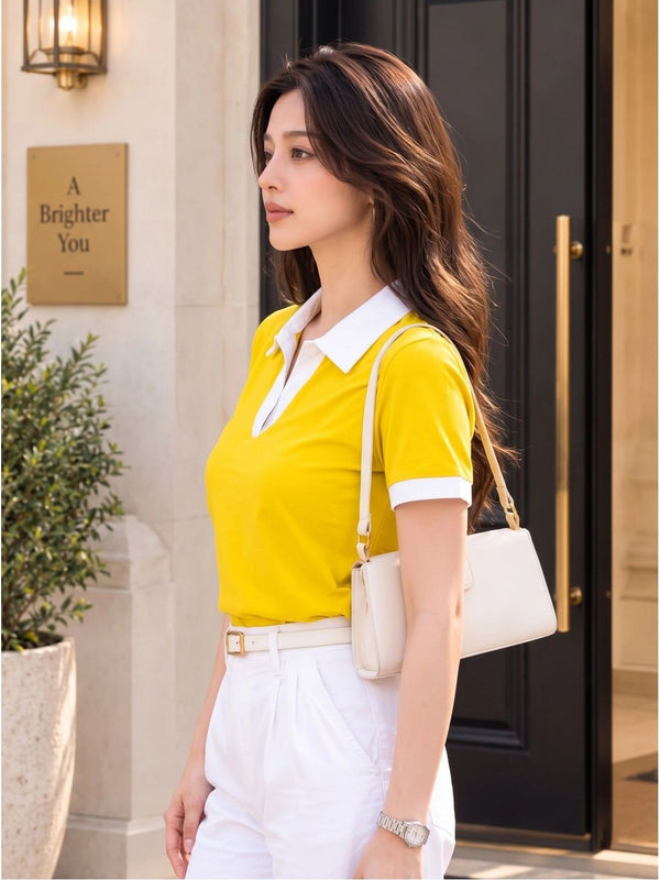 Women's Colourblocked Polo Collar T-Shirt — Yellow Angle View — Custom Printing Surat