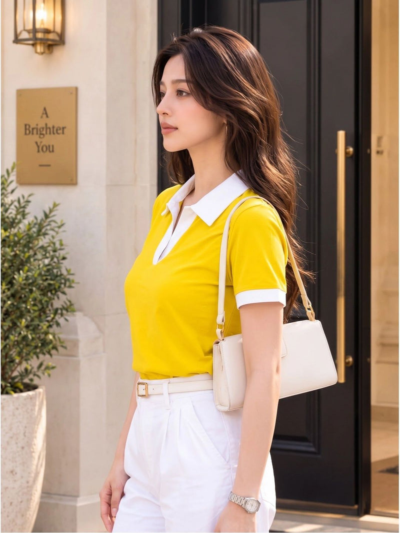 Women's Colourblocked Polo Collar T-Shirt — Yellow — Quality Craftsmanship Anatomy