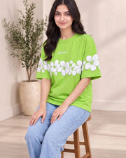 Women Floral Printed Tropical Applique T-shirt — Green — Thumbnail 4