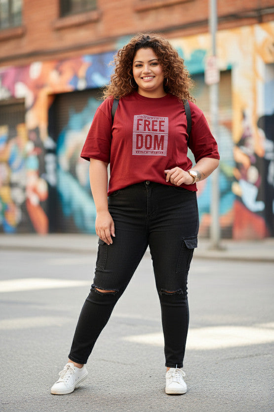 Women's Graphic Print Pure Cotton Round Neck T-Shirt — Maroon — Tshirt Factory India Direct Manufacturer Surat