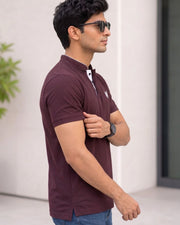 Men's Brand Logo Mandarin Collar T-Shirt — Burgundy — Thumbnail 2