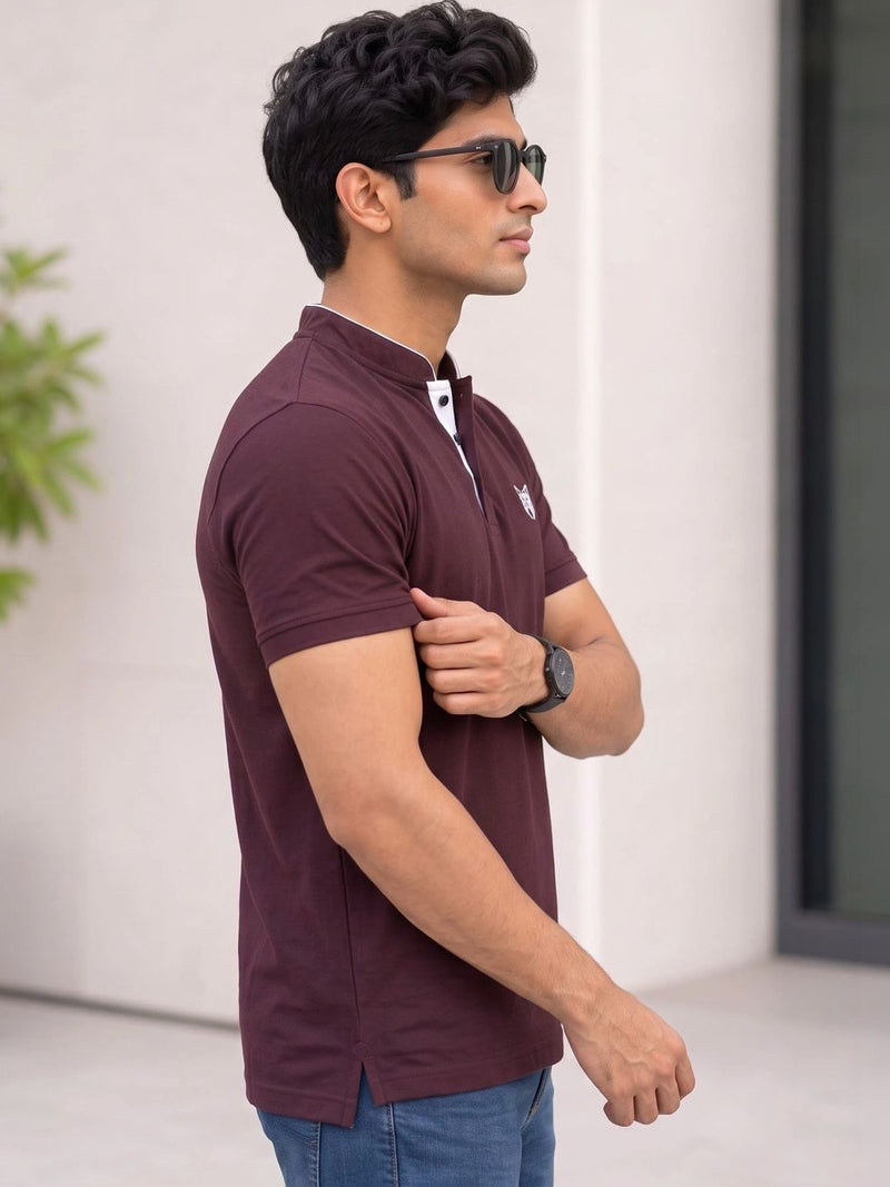 Men's Brand Logo Mandarin Collar T-Shirt — Burgundy — Quality Craftsmanship Anatomy