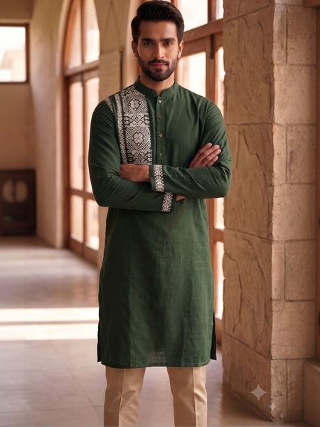 Men's Ethnic Motifs Embroidered Thread Work Kurta - Olive Green — Tshirt Factory India Direct Wholesale Manufacturer