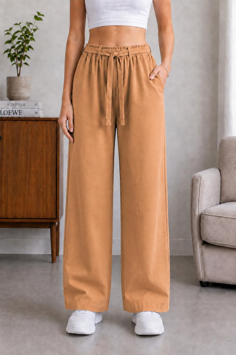 Women's High-Waist Wide-Leg Track Pants with Drawstring Waist — Brown — Quality Craftsmanship Anatomy