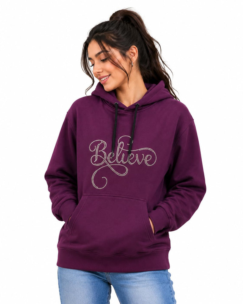 Women's Inspirational Script "Believe" Rhinestone Hoodie Long Sleeve Cozy Pullover Fleece Sweatshirt — Quality Craftsmanship Anatomy