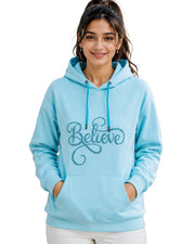 Women's Inspirational Script "Believe" Rhinestone Hoodie Long Sleeve Cozy Pullover Fleece Sweatshirt — Thumbnail 1