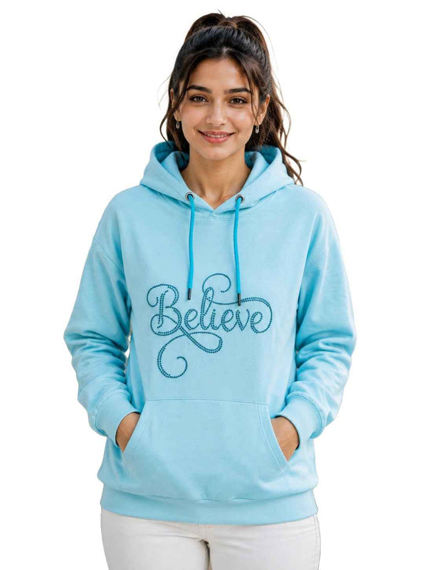 Women's Inspirational Script "Believe" Rhinestone Hoodie Long Sleeve Cozy Pullover Fleece Sweatshirt — Tshirt Factory India Direct Wholesale Manufacturer