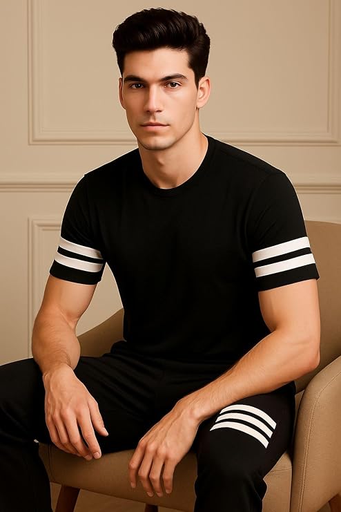 Men's Athletic 2-Piece Night Suit & Loungewear Set — Black Angle View — Custom Printing Surat