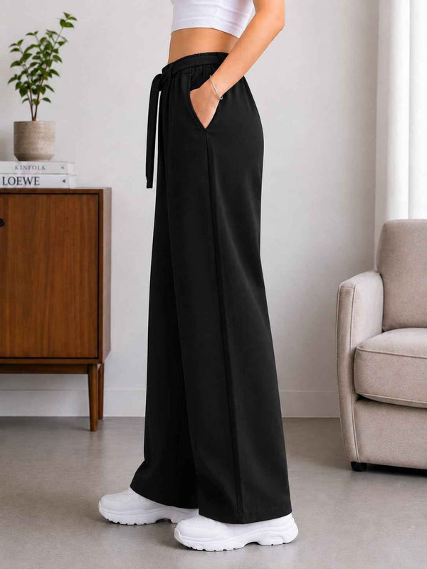 Women's High-Waist Wide-Leg Track Pants with Drawstring Waist — Black Angle View — Custom Printing Surat