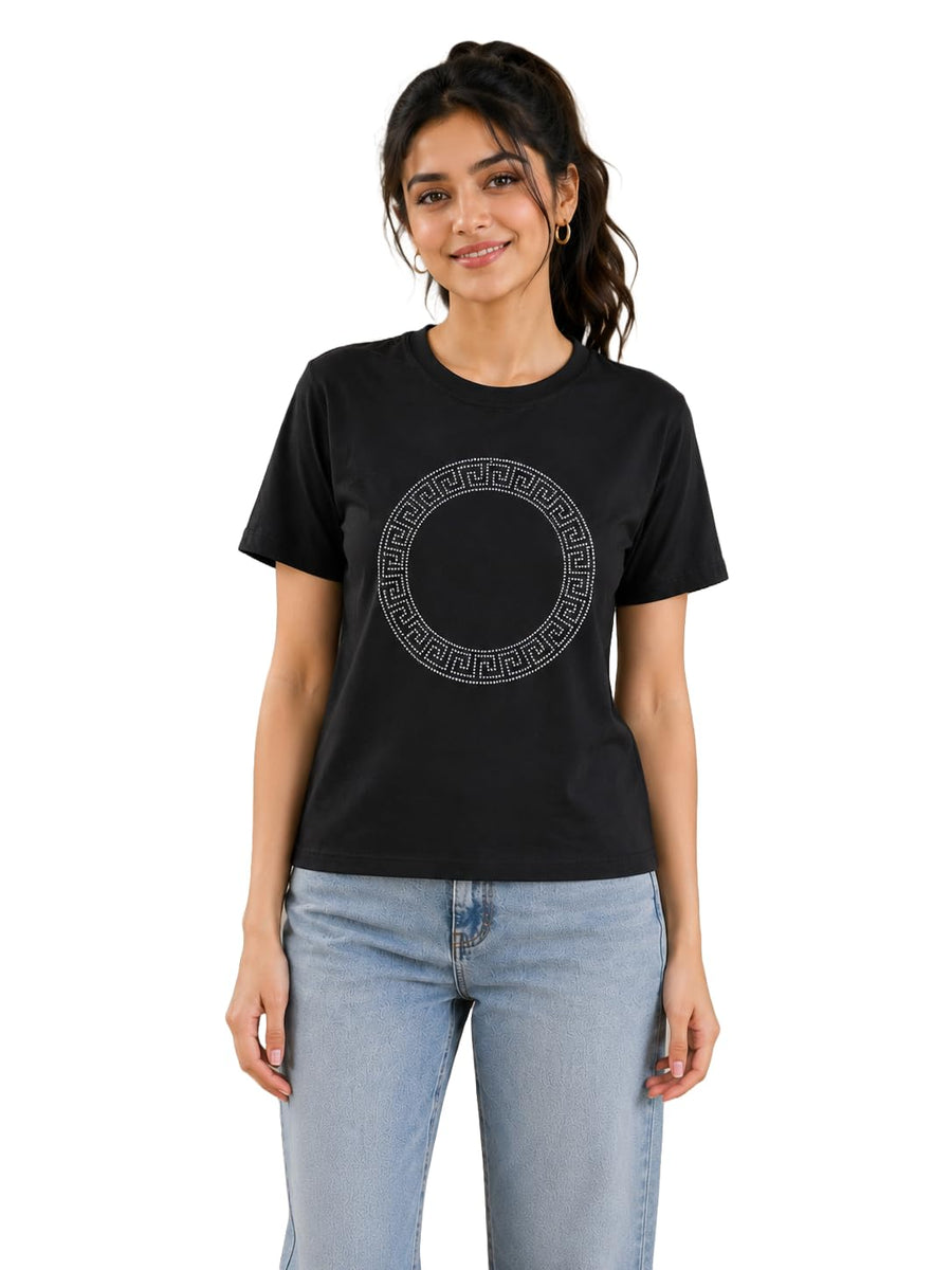 Women’s Casual Round Neck Rhinestone T-Shirt — Custom Print Studio