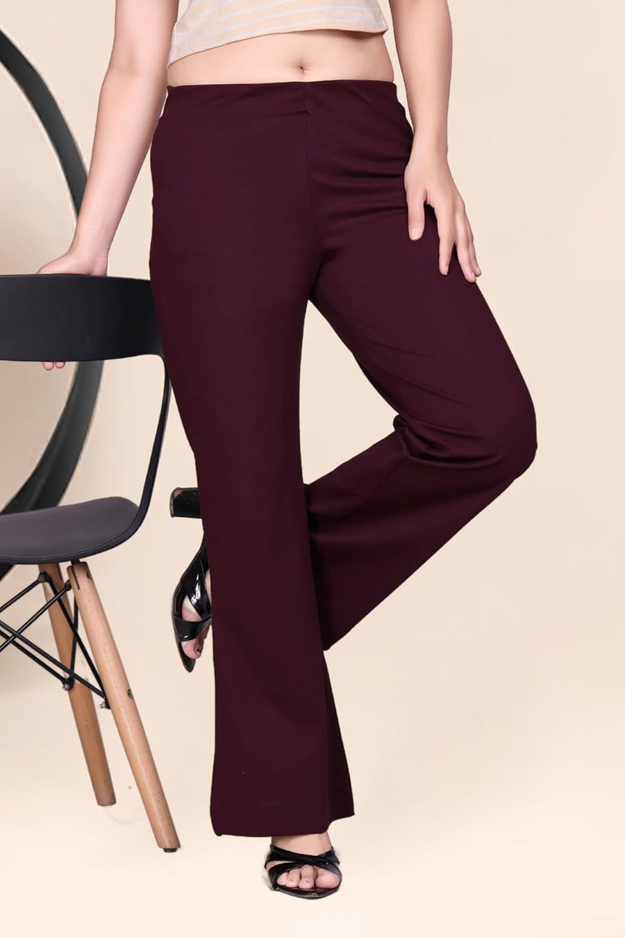 Women's Stretch Bell Bottom Flared Pants — Maroon — Custom Print Studio