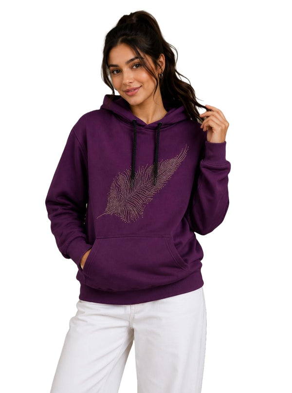 Women's Cute Sparkly Rhinestone Feather Graphic Hoodie Casual Long Sleeve Drawstring Pullover Sweatshirt Angle View — Custom Printing Surat