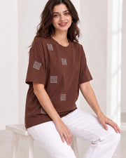 Women's Printed Drop-Shoulder Sleeves T-Shirt — Coffee Brown — Thumbnail 2