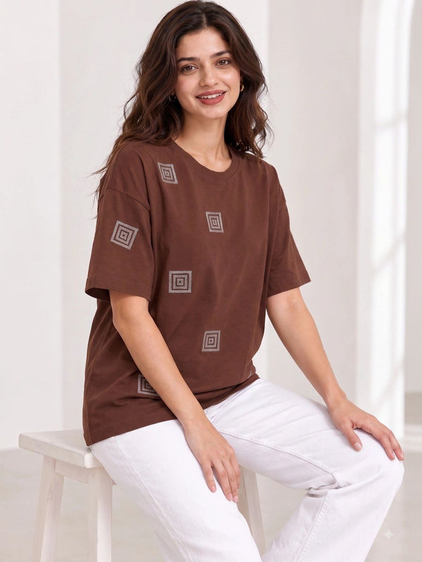 Women's Printed Drop-Shoulder Sleeves T-Shirt — Coffee Brown Angle View — Custom Printing Surat