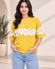 Women's Floral Printed Relaxed Fit T-Shirt — Yellow — Thumbnail 1