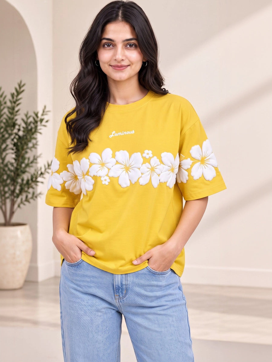 Women's Floral Printed Relaxed Fit T-Shirt — Yellow — Custom Print Studio