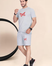 Men's Cotton Printed Night Suit Set of Top & Shorts — Grey — Thumbnail 1