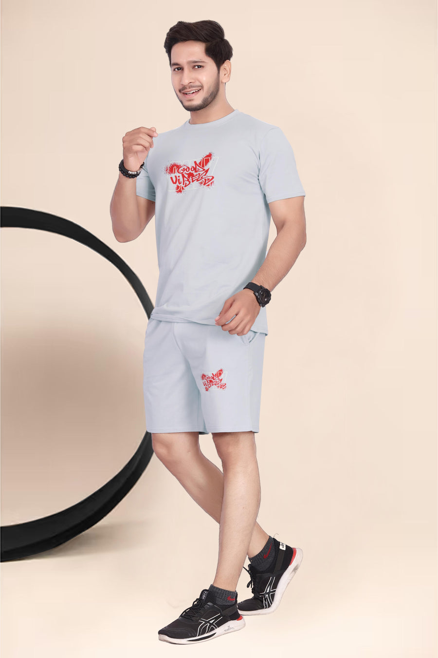 Men's Cotton Printed Night Suit Set of Top & Shorts — Grey — Custom Print Studio