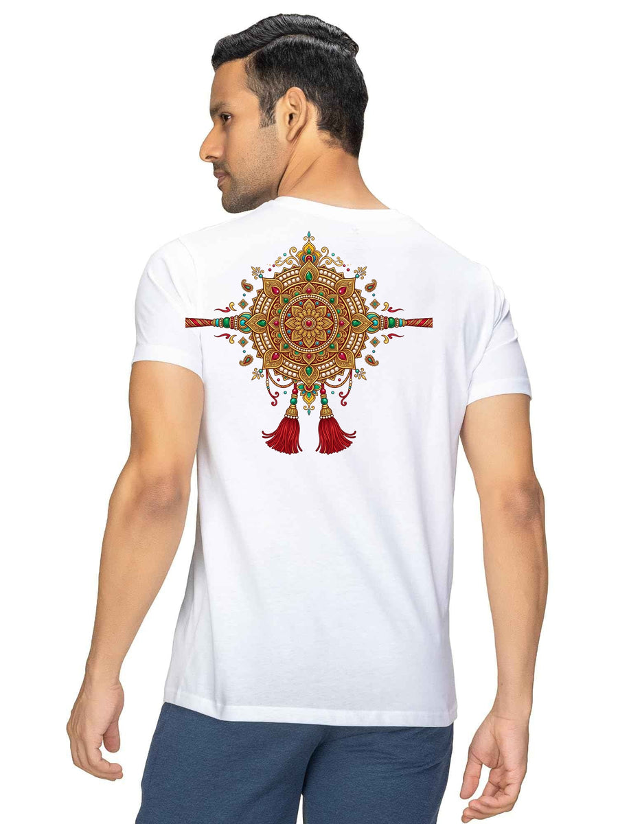 Royal Gold Floral Rakhi Festive Graphic Cotton T-Shirt — White — Custom Print Studio