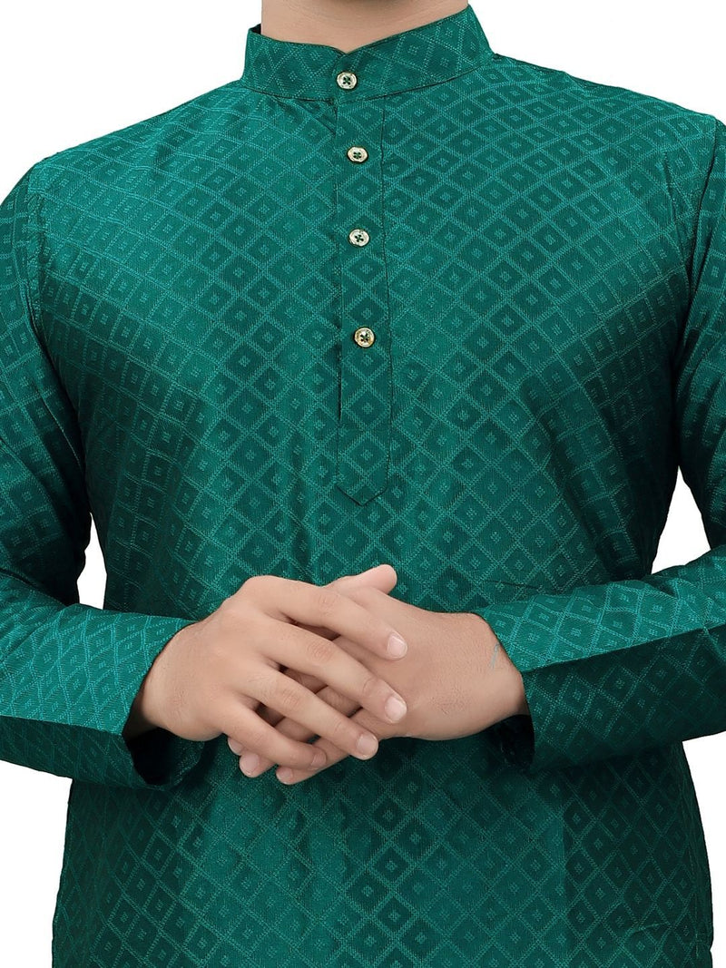 Men's Mandarin Collar Thread Work Jacquard Straight Kurta — Green — Quality Craftsmanship Anatomy