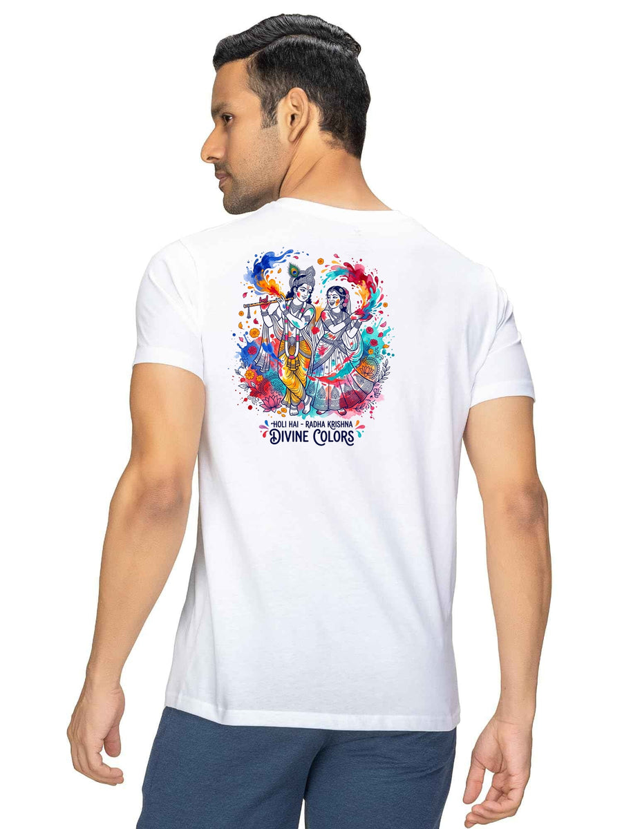Radha Krishna Divine Colors Holi Graphic Cotton T-Shirt — White — Custom Print Studio