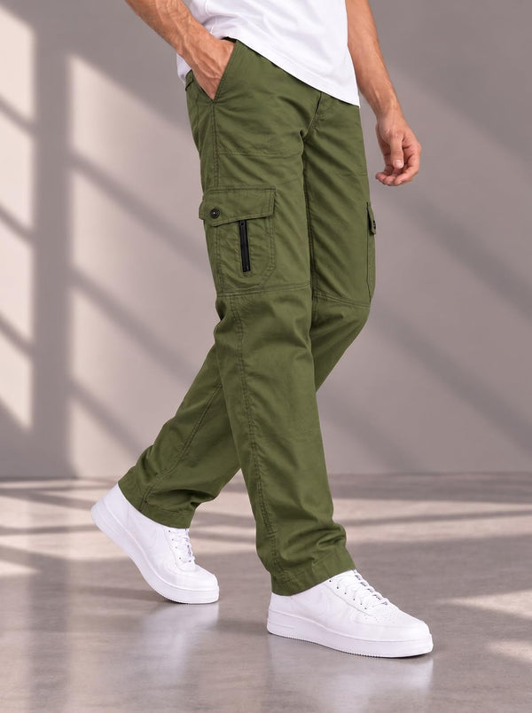 Men's Cotton Multi-Pocket Utility Cargo Pants — Olive Angle View — Custom Printing Surat