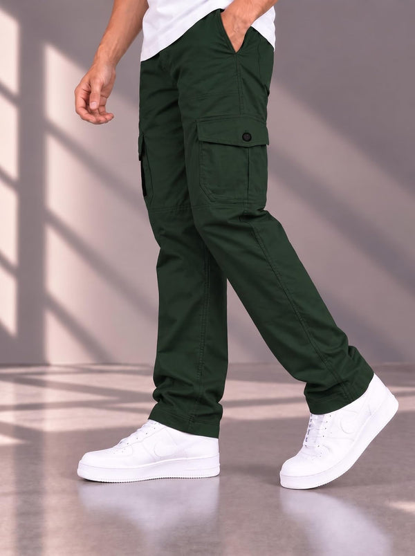 Men's Cotton Multi-Pocket Utility Cargo Pants — Dark Green Angle View — Custom Printing Surat