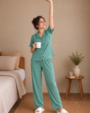 Women's Ribbed Knit Notch Collar Button-Down Lounge Set — Sea Green — Thumbnail 5