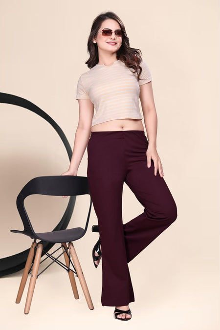 Women's Stretch Bell Bottom Flared Pants — Maroon Angle View — Custom Printing Surat