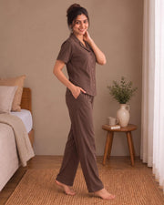 Women's Ribbed Knit Notch Collar Button-Down Lounge Set — Coffee — Thumbnail 2