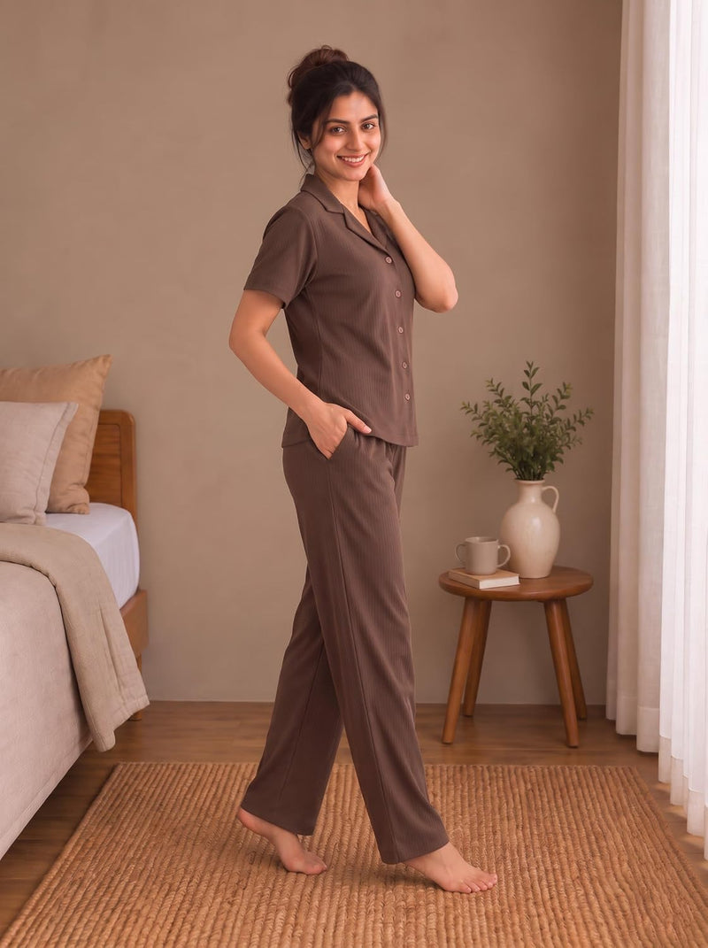 Women's Ribbed Knit Notch Collar Button-Down Lounge Set — Coffee — Quality Craftsmanship Anatomy