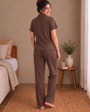 Women's Ribbed Knit Notch Collar Button-Down Lounge Set — Coffee — Thumbnail 3