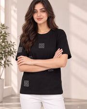 Women's Printed Drop-Shoulder Sleeves T-Shirt — Black — Thumbnail 1