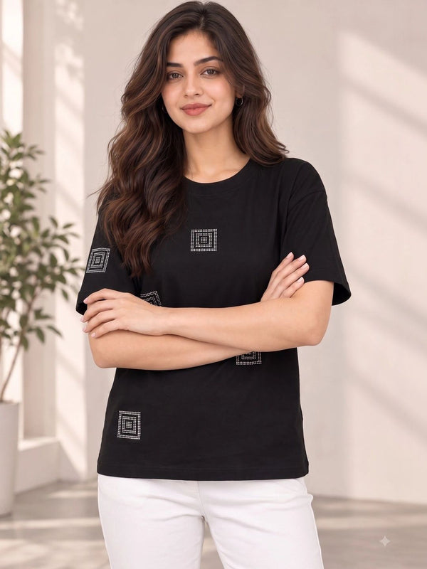 Women's Printed Drop-Shoulder Sleeves T-Shirt — Black — Tshirt Factory India Direct Wholesale Manufacturer