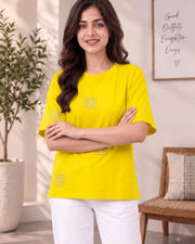 Women's Printed Drop-Shoulder Sleeves T-Shirt — Yellow — Thumbnail 1