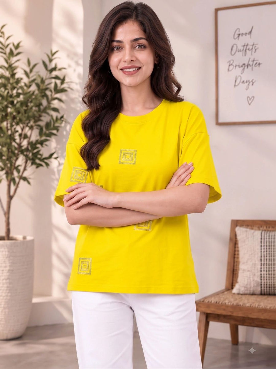 Women's Printed Drop-Shoulder Sleeves T-Shirt — Yellow — Tshirt Factory India Direct Manufacturer Surat