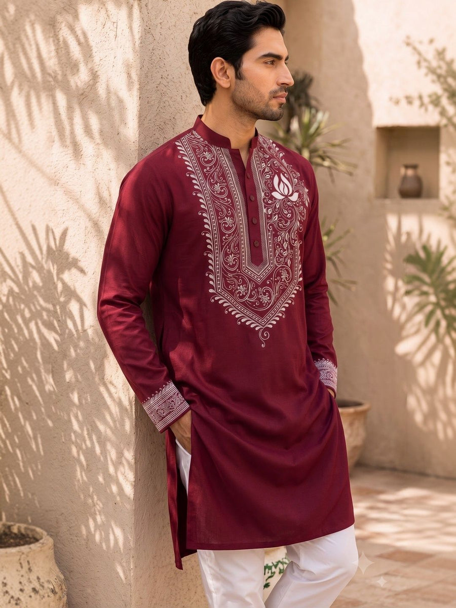 Men Maroon Floral Motif DTF Printed Kurta — Tshirt Factory India Direct Manufacturer Surat